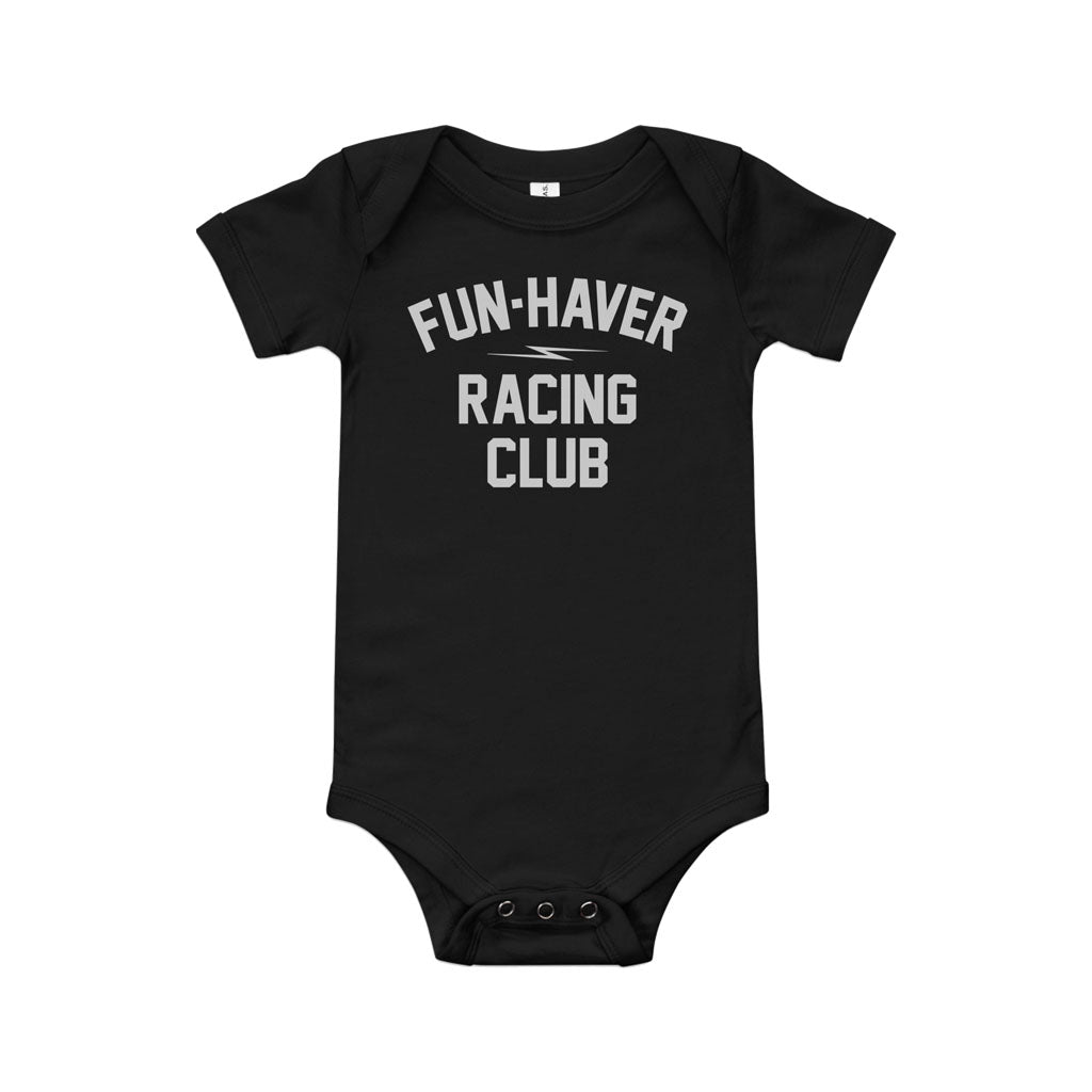Front view of the Fun-Haver Club baby short sleeve one piece in Black.