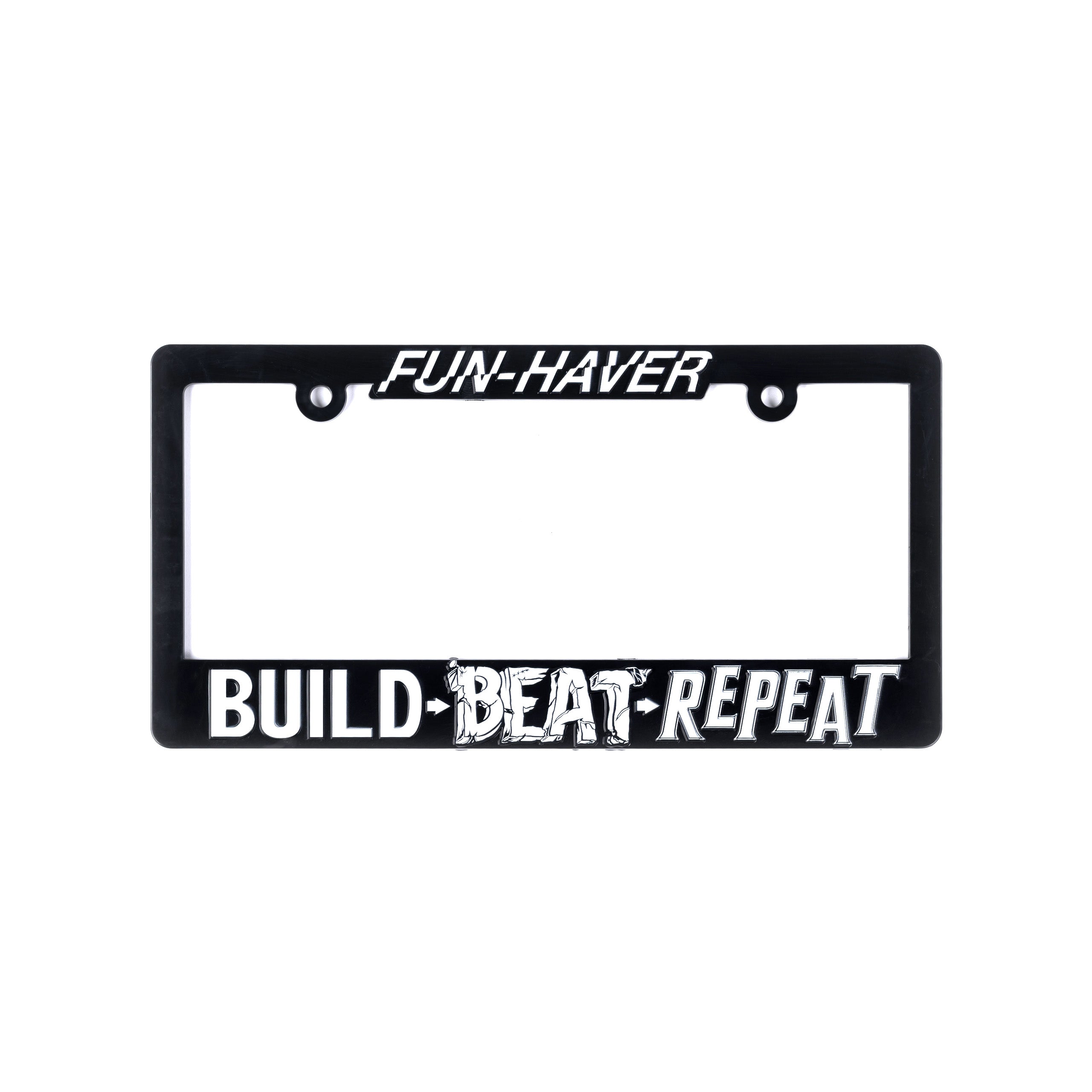FunHaver Build Beat Repeat Black plastic license plate frame.