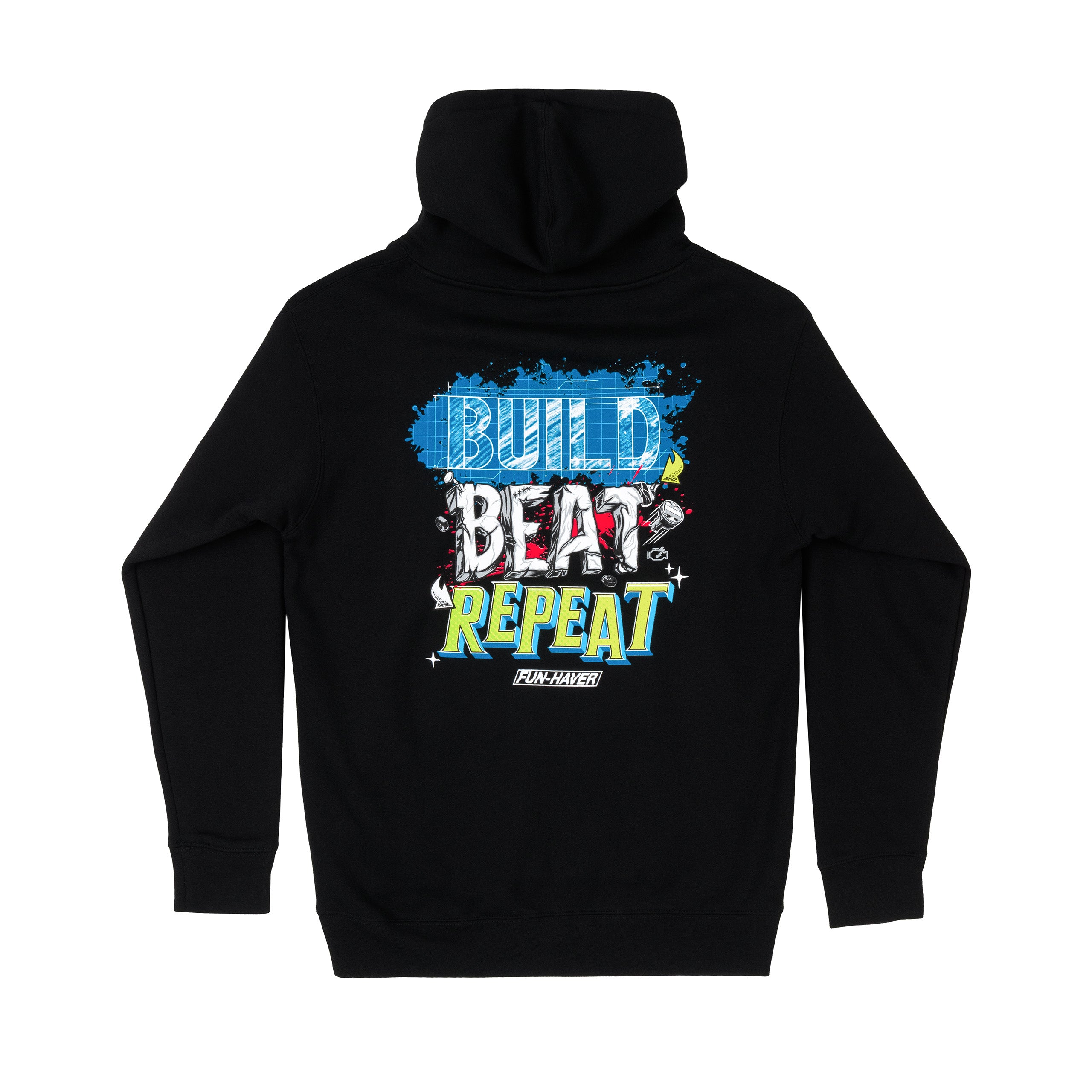 Back view of the Fun-Haver Build Beat Repeat Hoodie in Black.