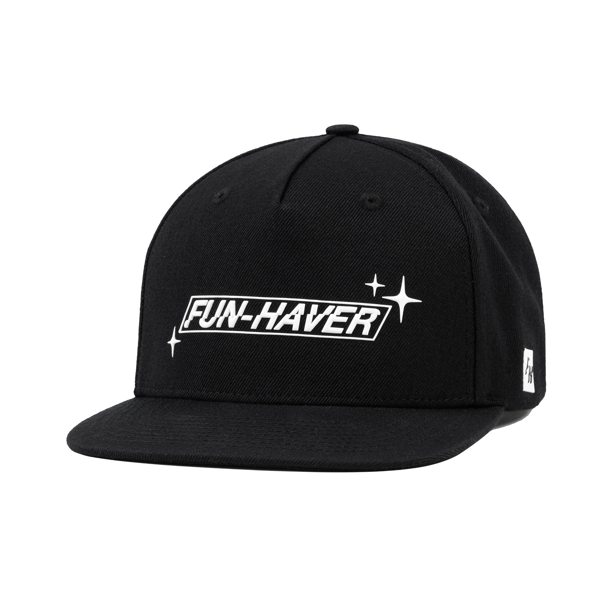 Left front view of the Fun-Haver Build Beat Repeat Snapback hat in Black.