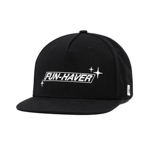 Left front view of the Fun-Haver Build Beat Repeat Snapback hat in Black.