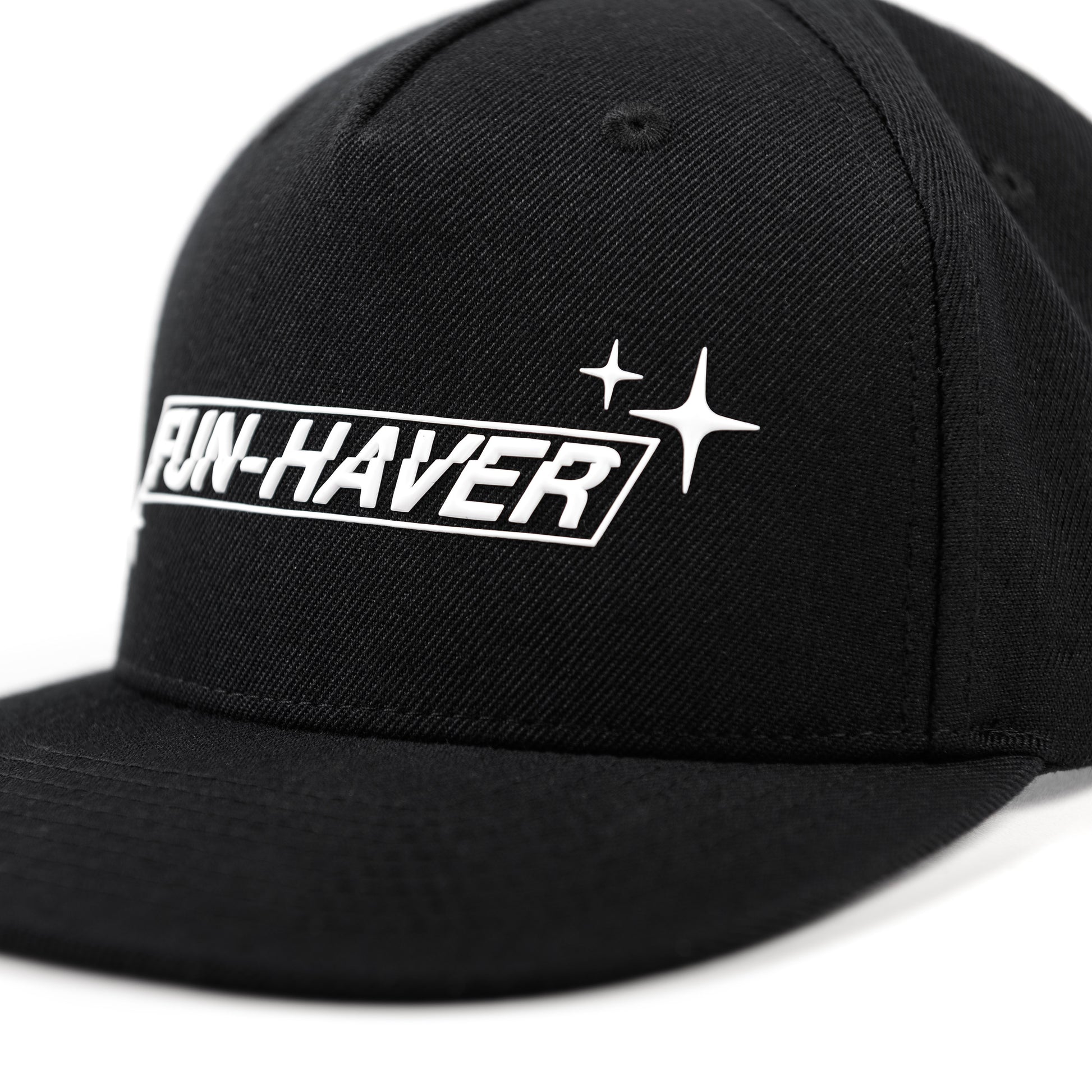 Close up left front view of the Fun-Haver Build Beat Repeat Snapback hat in Black.