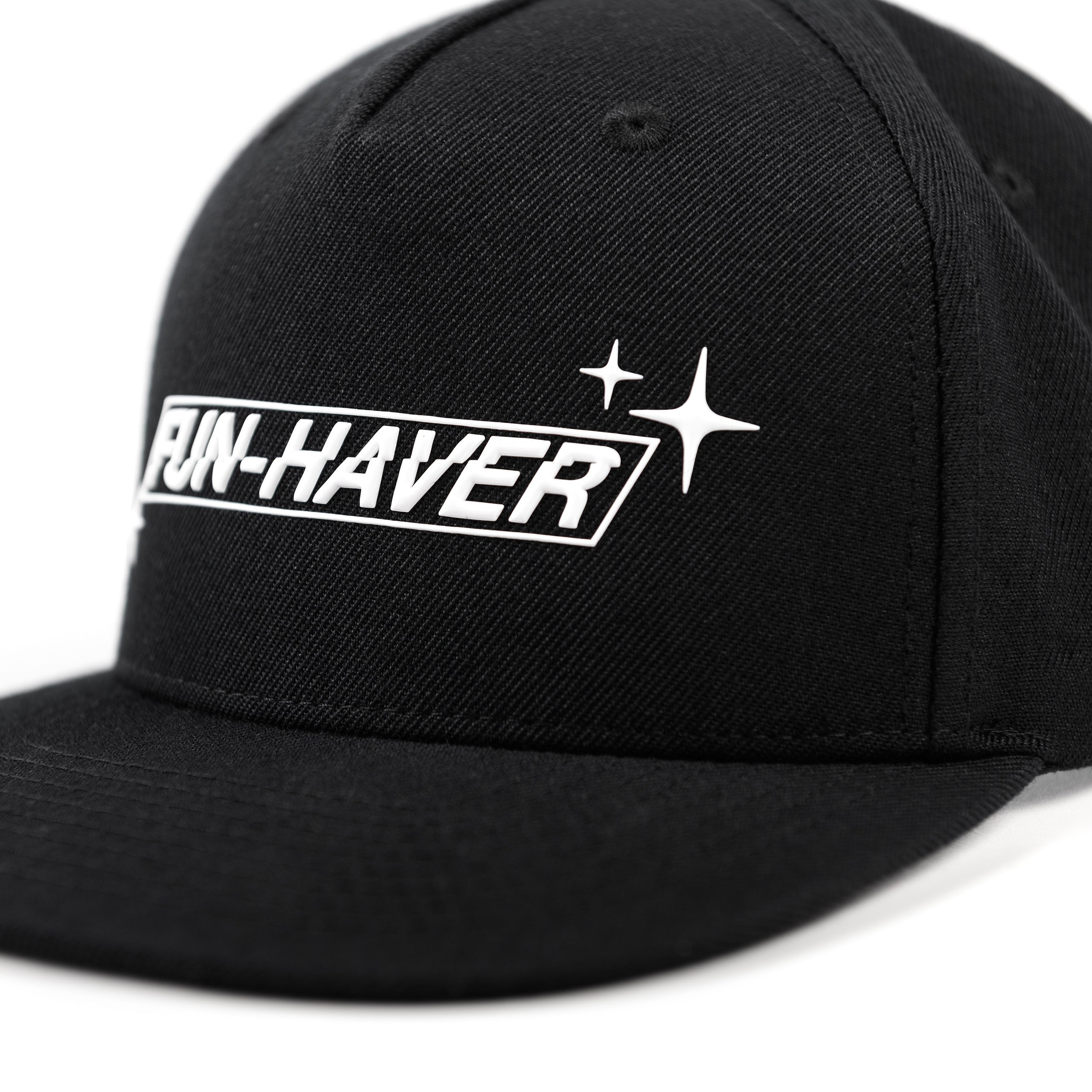 Close up left front view of the Fun-Haver Build Beat Repeat Snapback hat in Black.