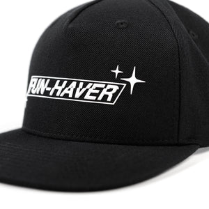 Close up left front view of the Fun-Haver Build Beat Repeat Snapback hat in Black.