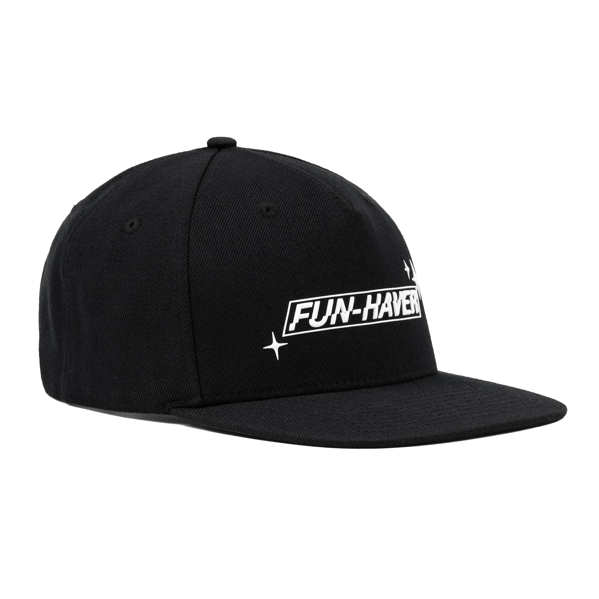 Right front view of the Fun-Haver Build Beat Repeat Snapback hat in Black.