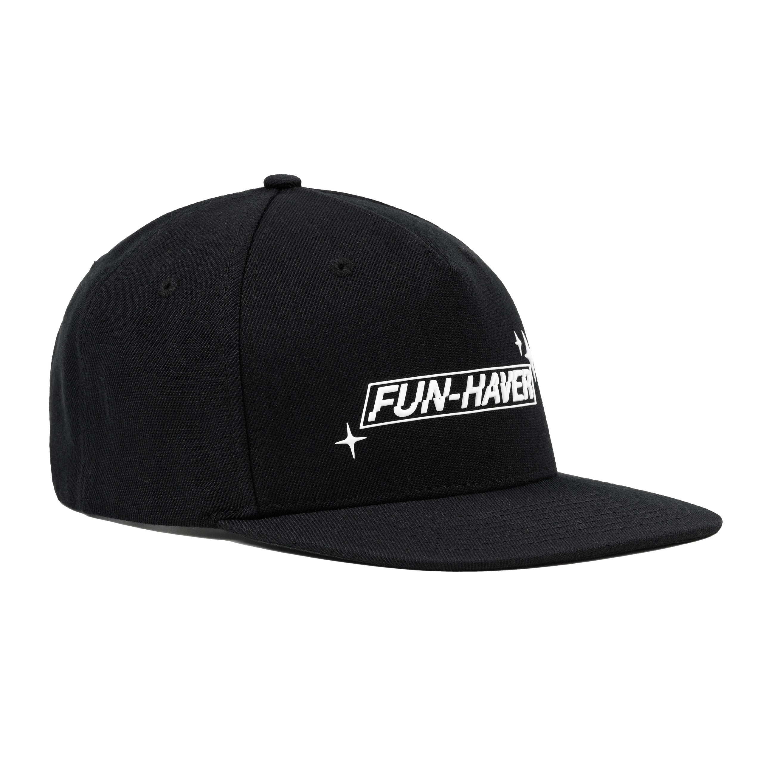 Right front view of the Fun-Haver Build Beat Repeat Snapback hat in Black.