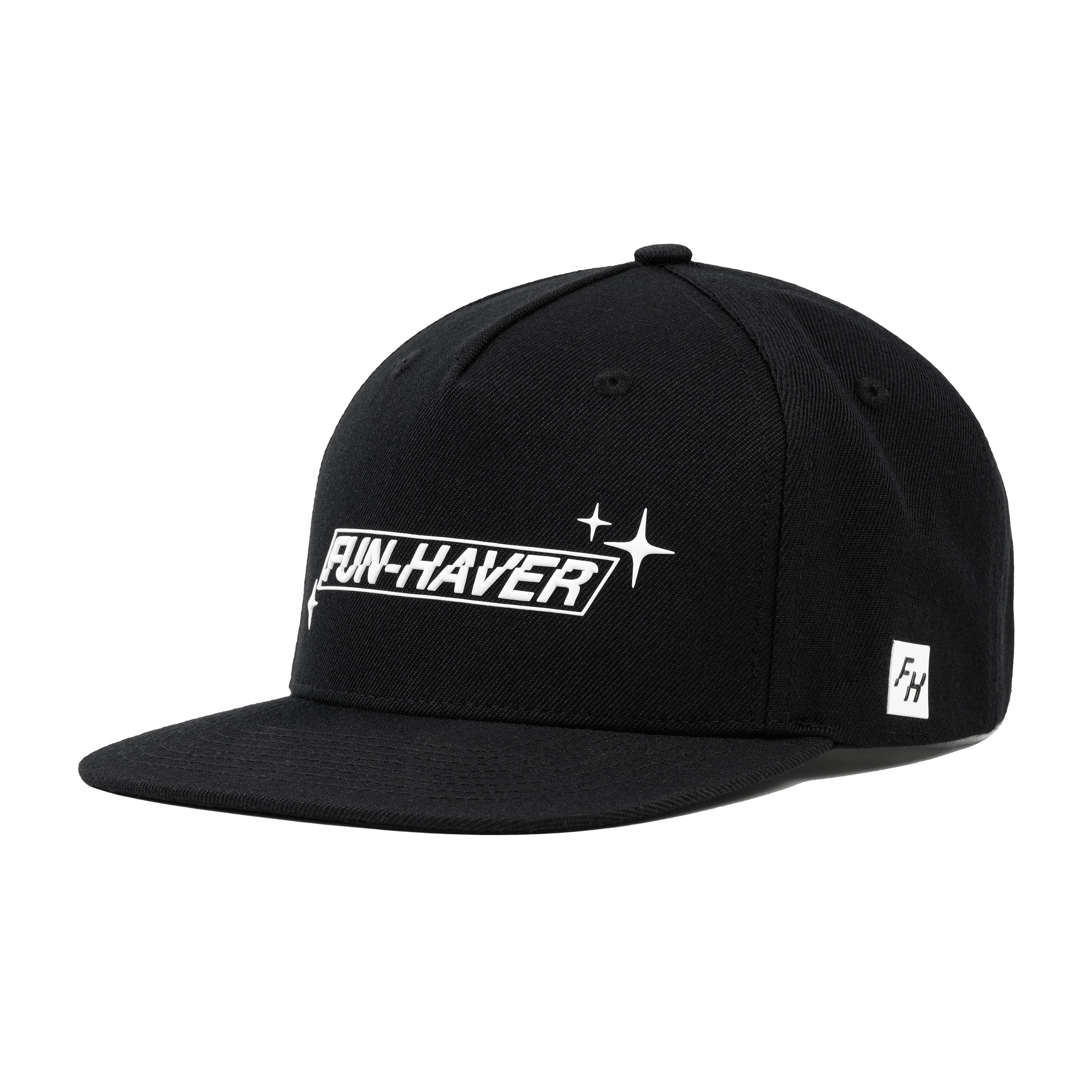 Left front view of the Fun-Haver Build Beat Repeat Snapback hat in Black.