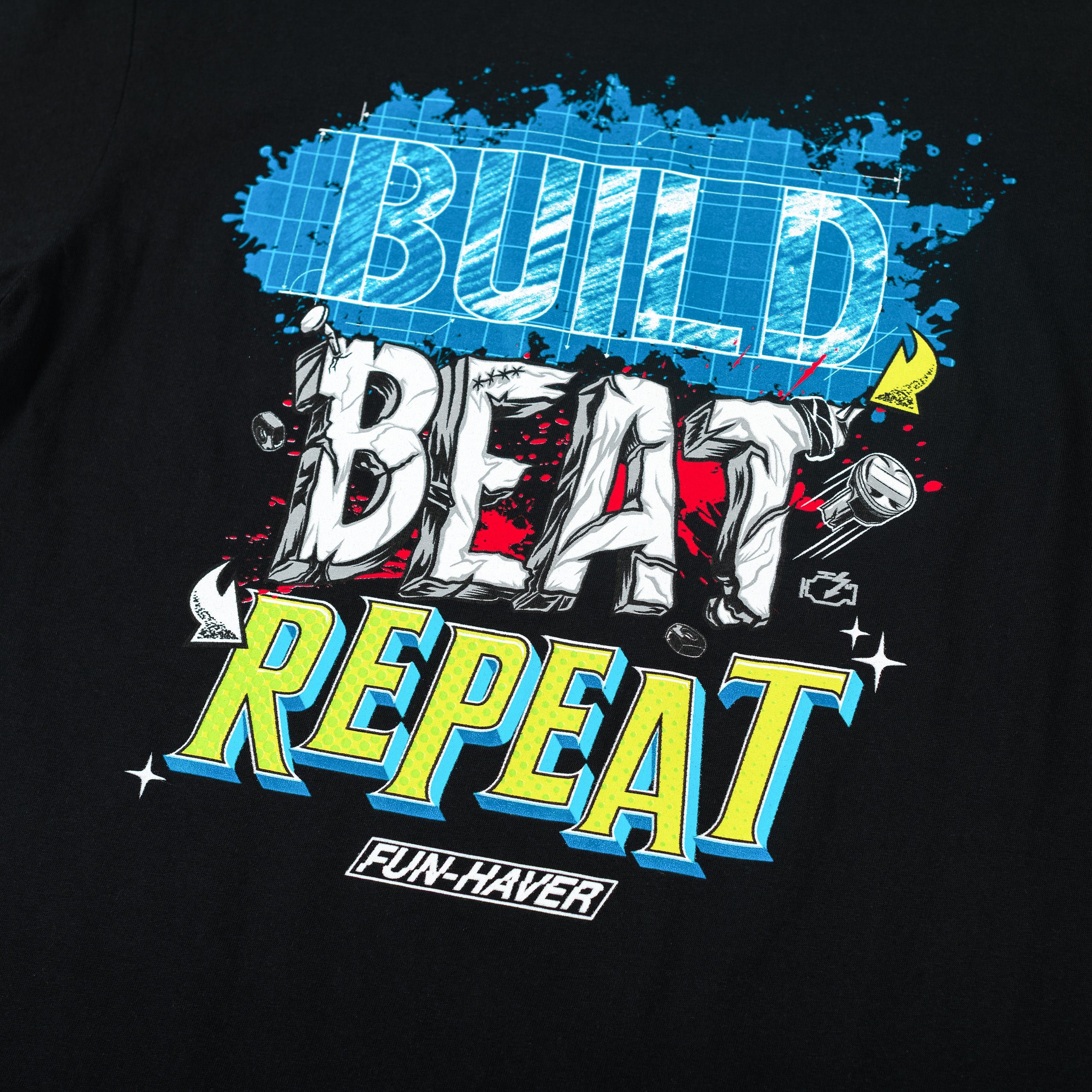 Detail back view of the Fun-Haver Build Beat Repeat Black T-Shirt.