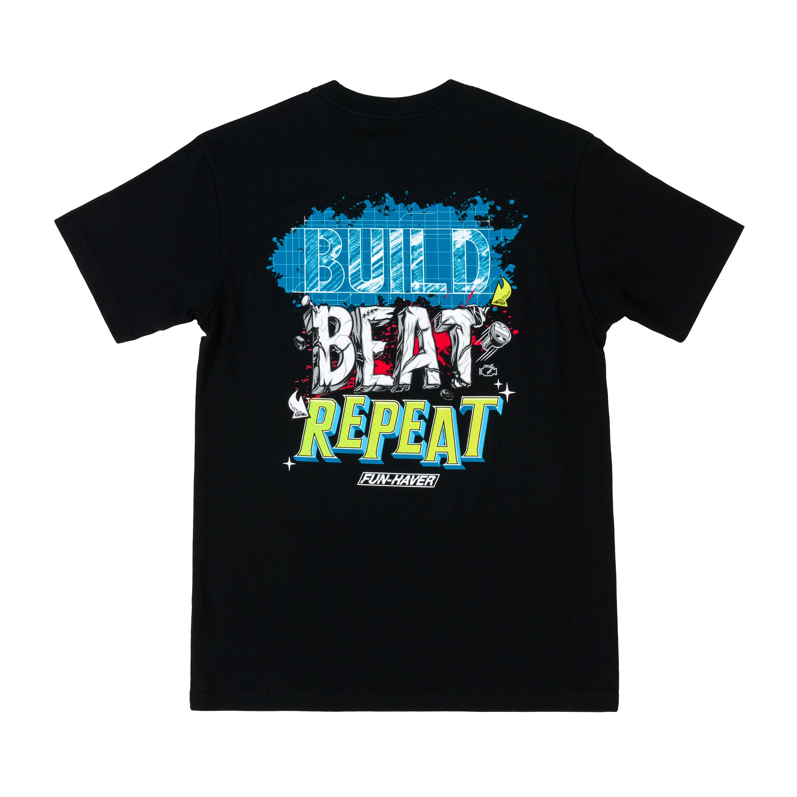 Back view of the Fun-Haver Build Beat Repeat Black T-Shirt.
