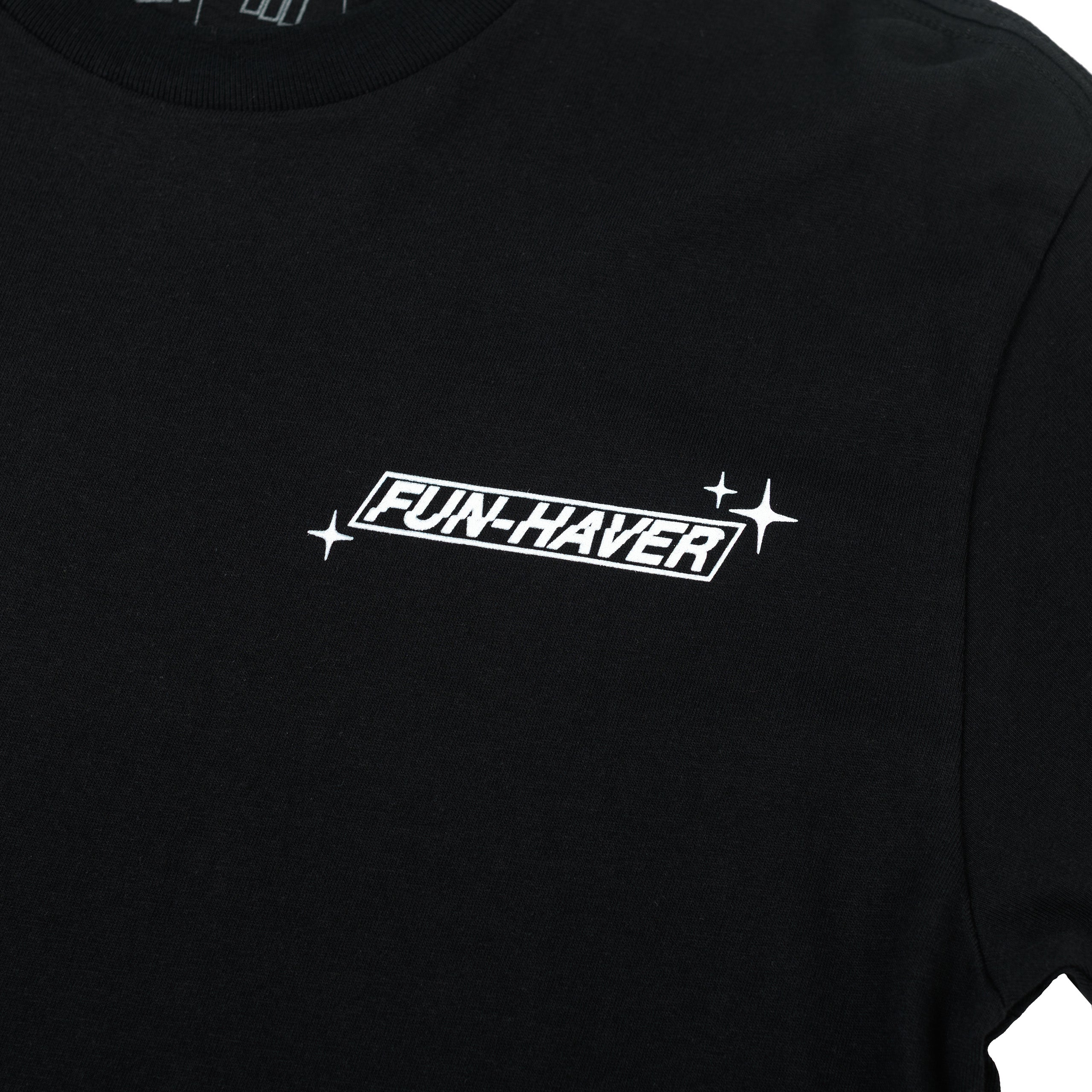 Close up front view of the Fun-Haver Build Beat Repeat Black T-Shirt.