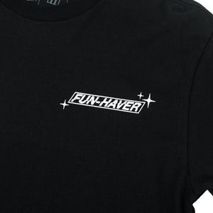 Close up front view of the Fun-Haver Build Beat Repeat Black T-Shirt.