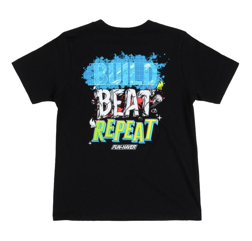 Back view of the Fun-Haver Build Beat Repeat Youth T-Shirt in Black.