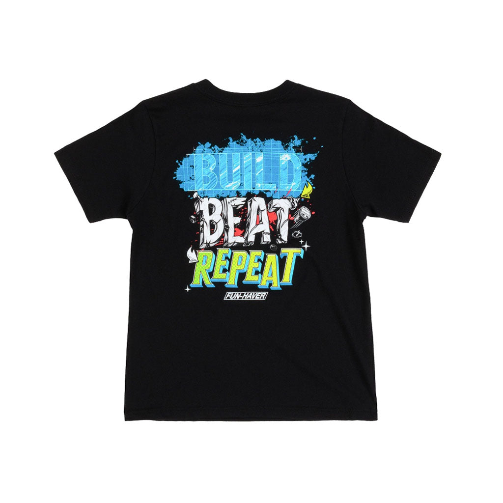 Back view of the Fun-Haver Built, Beat, Repeat Black T-shirt.
