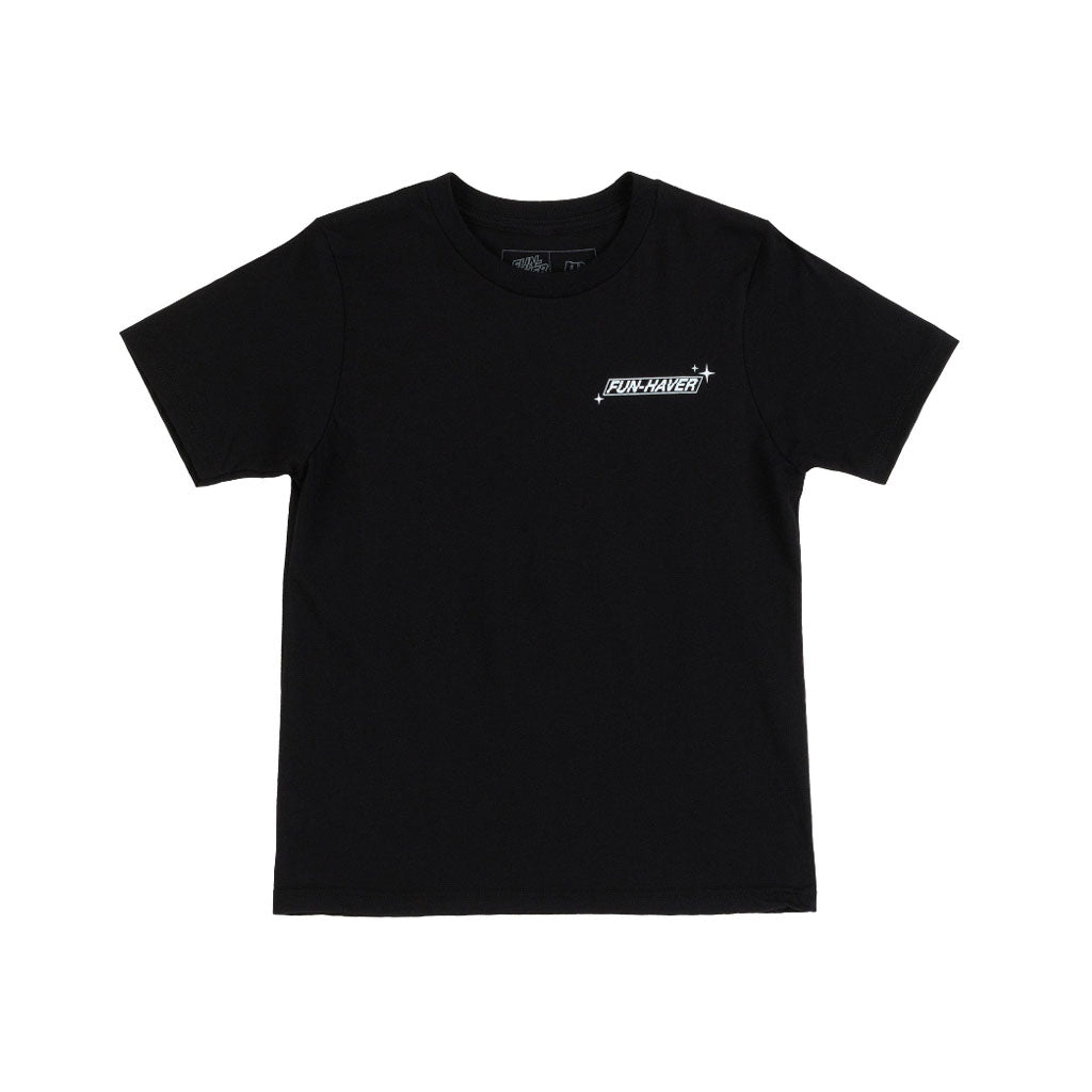 Front view of the Fun-Haver Built, Beat, Repeat Black T-shirt.