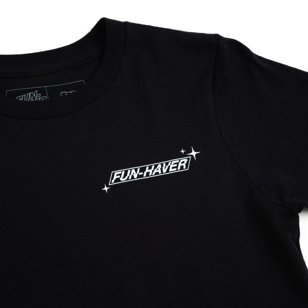 Close up logo detail view of the Fun-Haver Build Beat Repeat Youth T-Shirt in  Black.
