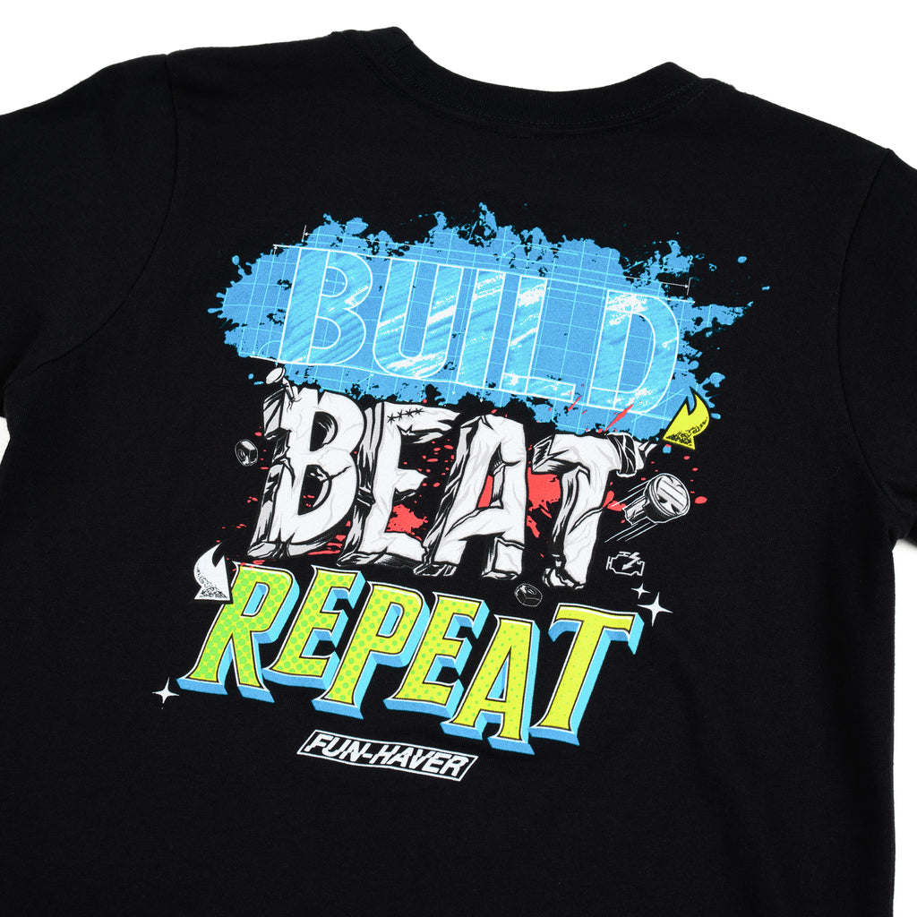 Close up back view of the Fun-Haver Build Beat Repeat Youth T-Shirt in Black.