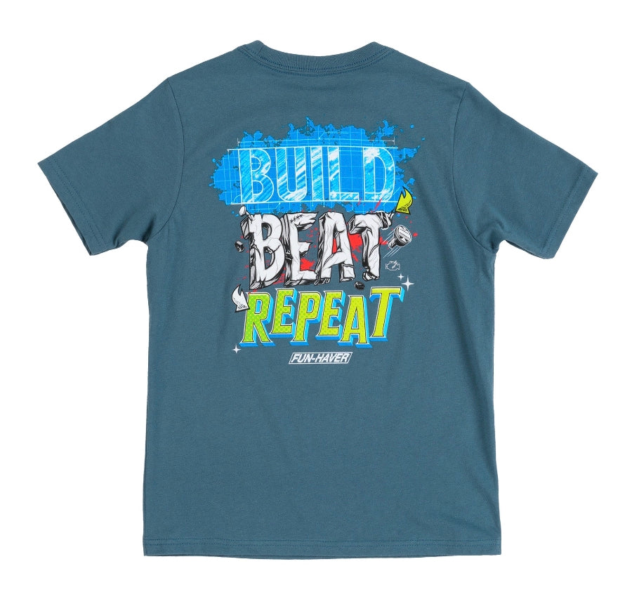 Back view of the Fun-Haver Build Beat Repeat Youth T-Shirt in Blue.