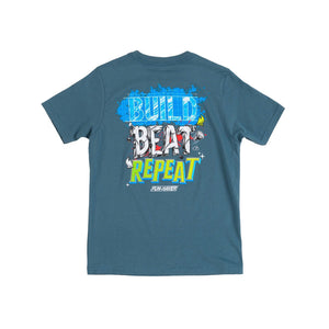 Back view of the Fun-Haver Built, Beat, Repeat Blue T-shirt.