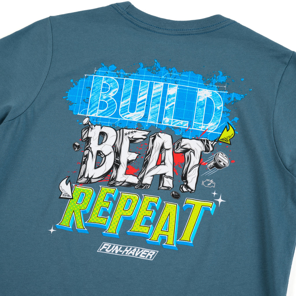 Close up back view of the Fun-Haver Build Beat Repeat Youth T-Shirt in Blue.
