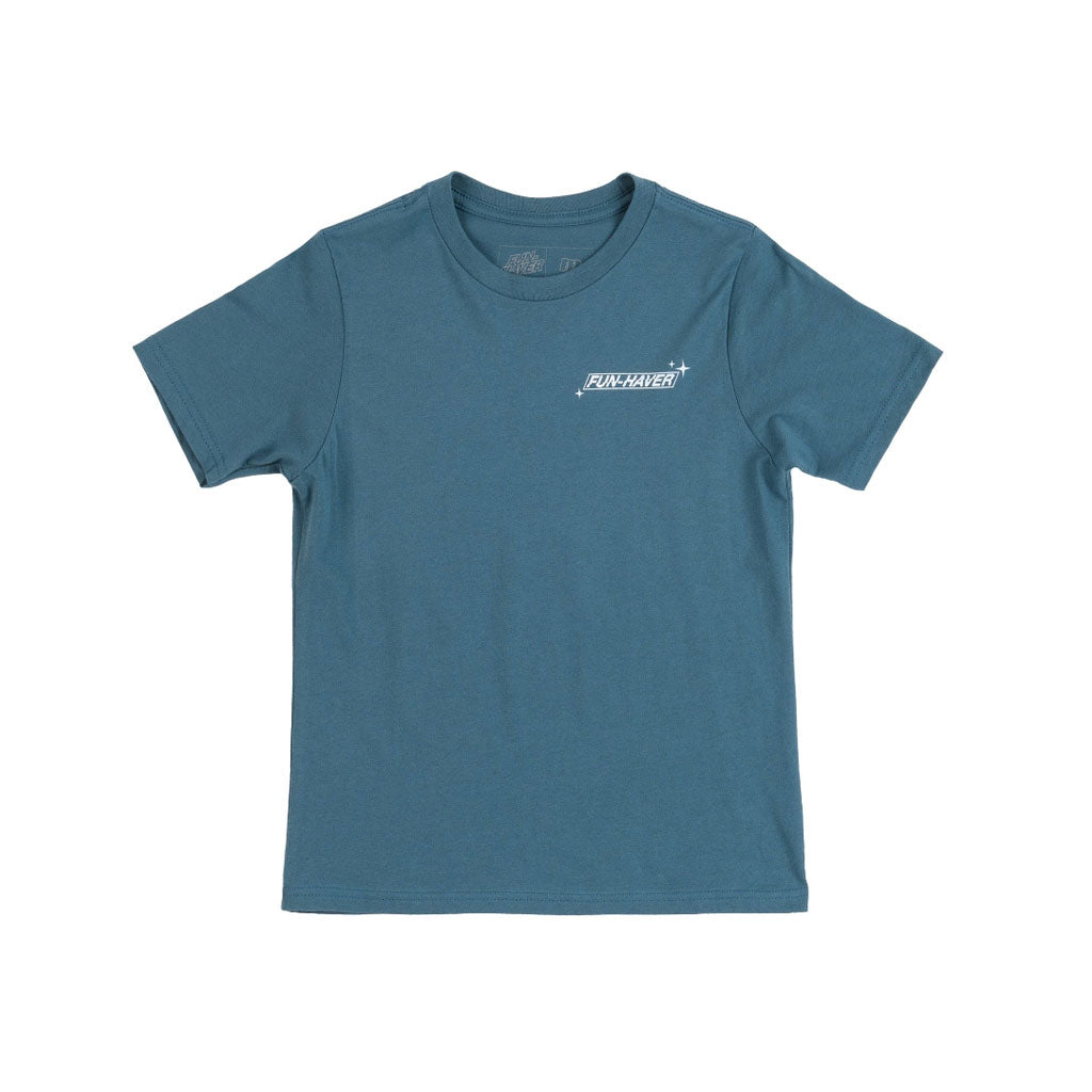 Front view of the Fun-Haver Built, Beat, Repeat Blue T-shirt.