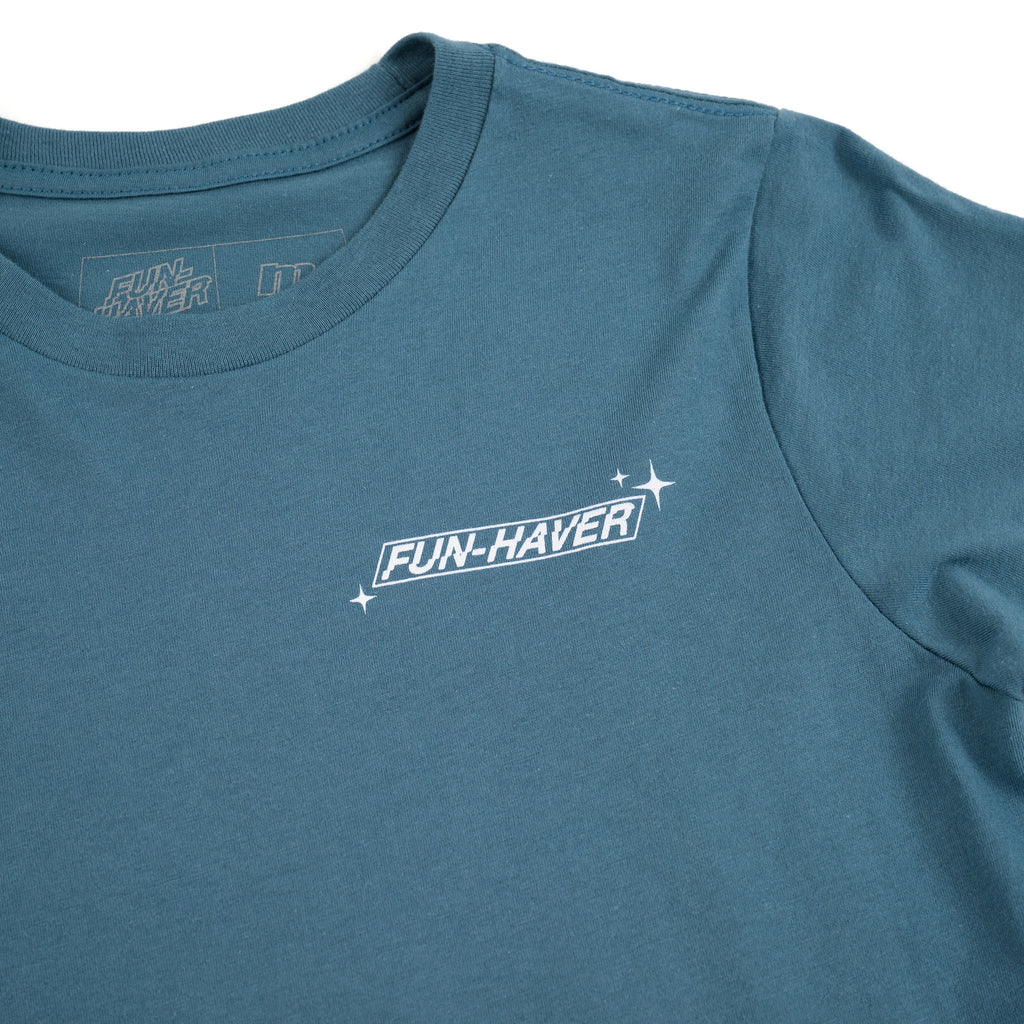 Close up logo detail view of the Fun-Haver Build Beat Repeat Youth T-Shirt in Blue.