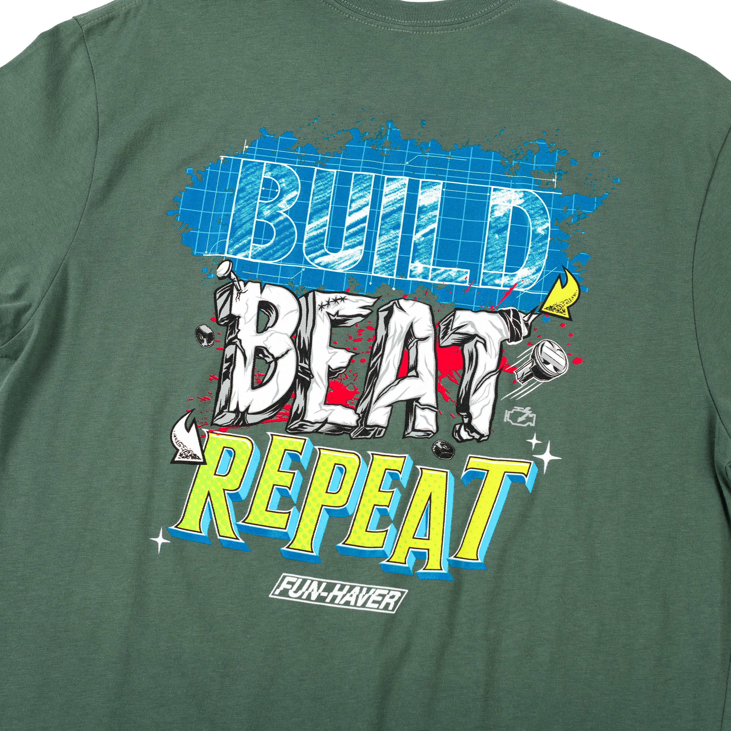 Close up back view of the Fun-Haver Build Beat Repeat Green T-Shirt.
