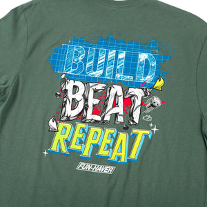 Close up back view of the Fun-Haver Build Beat Repeat Green T-Shirt.