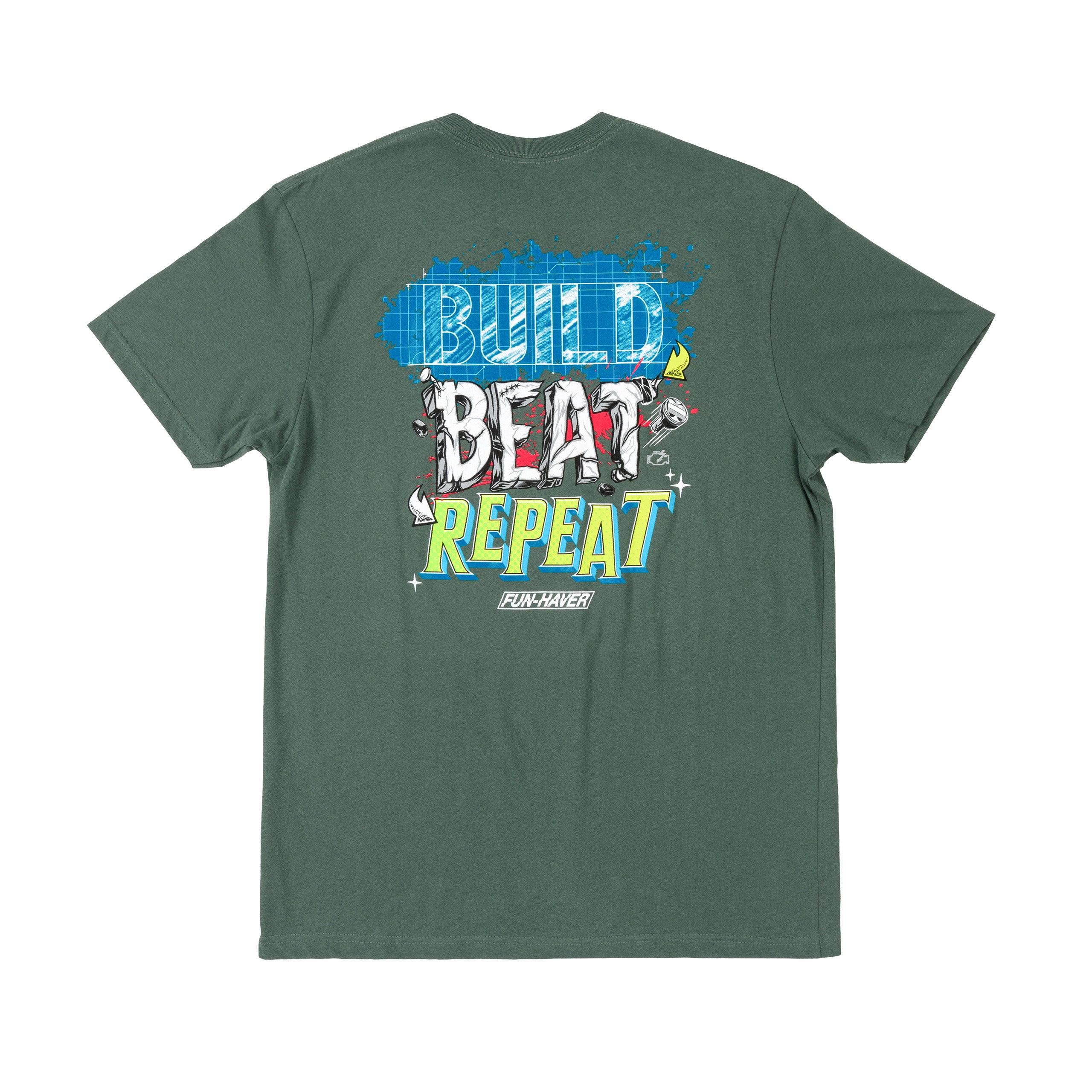 Back view of the Fun-Haver Build Beat Repeat Green T-Shirt.