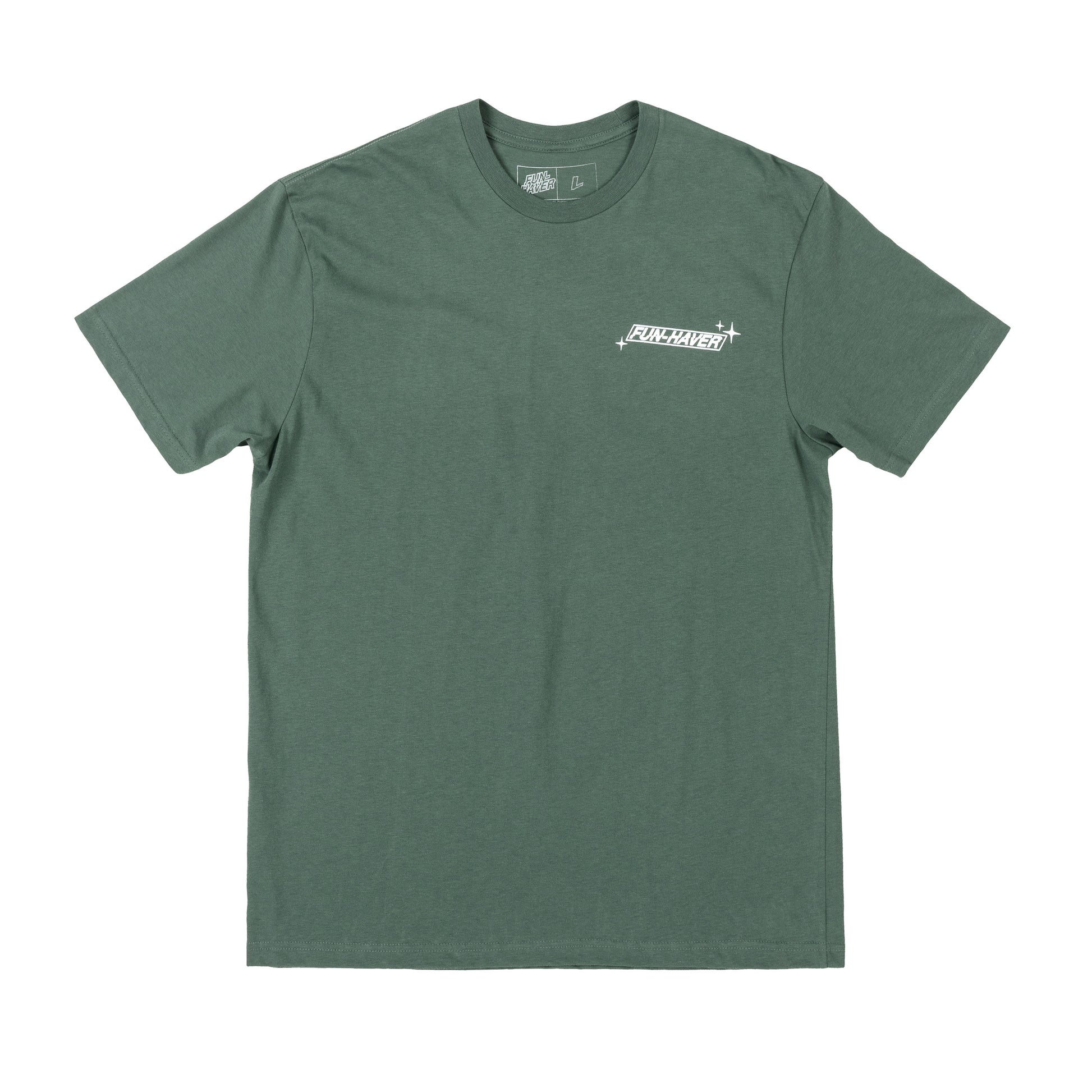 Front view of the Fun-Haver Build Beat Repeat Green T-Shirt.