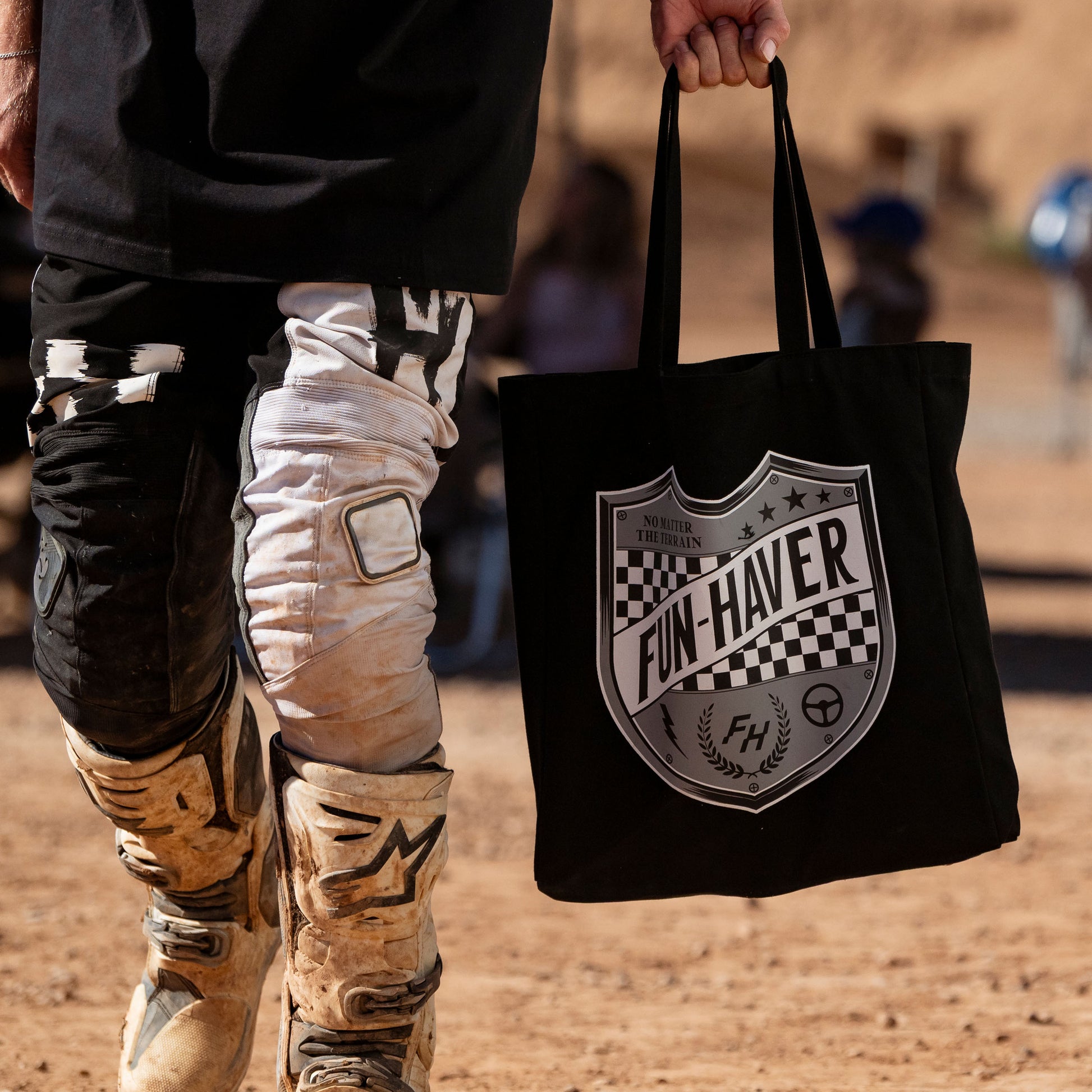At the track carrying the Fun-Haver® Shield Logo Tote Bag.