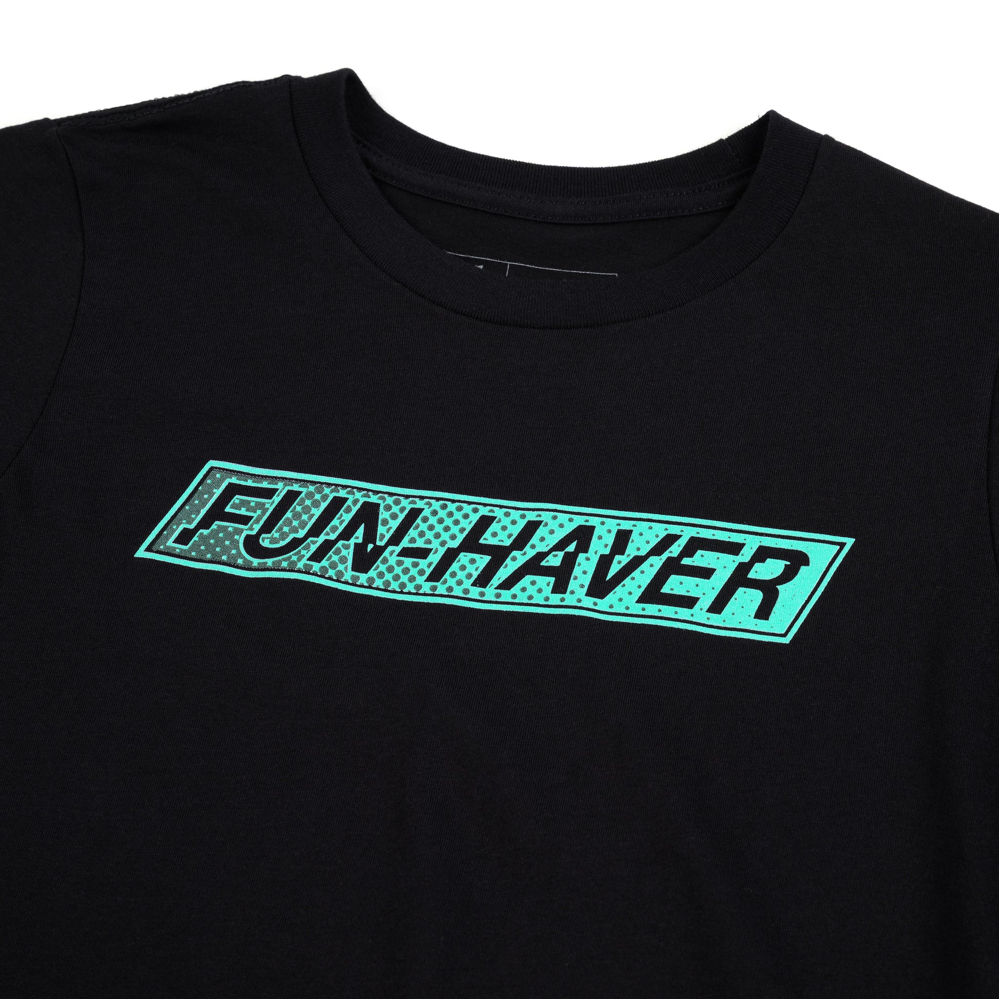 Close up logo view of the Fun-Haver Flag Youth T-Shirt in Black.