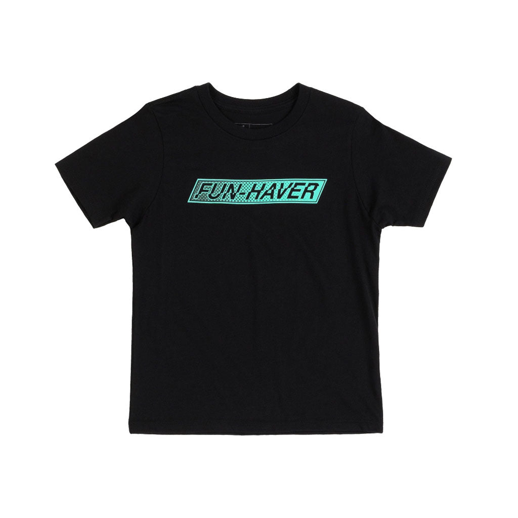 Front view of the Fun-Haver Flag Youth T-Shirt in Black.
