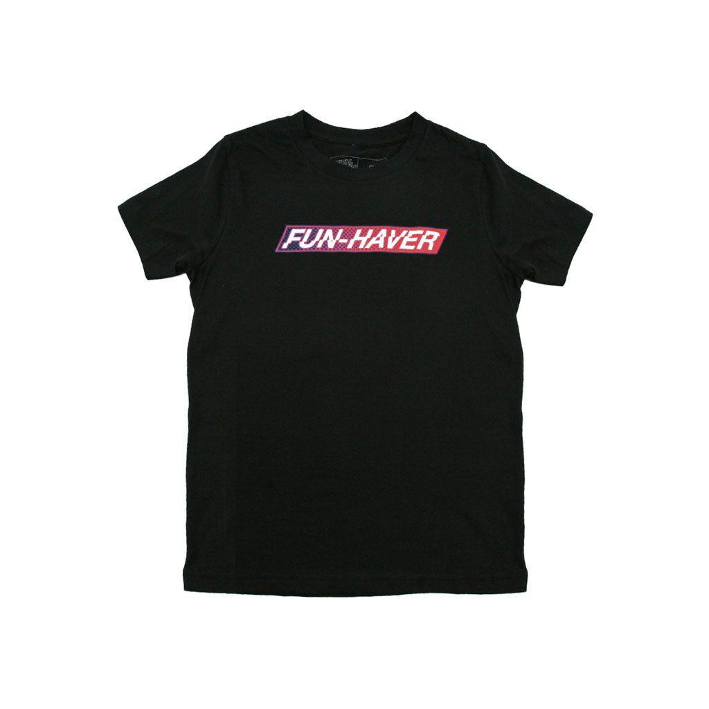 Black Fun-Haver Foundation youth t-shirt with Fun-Haver logo in red, white, and blue printed across the chest.