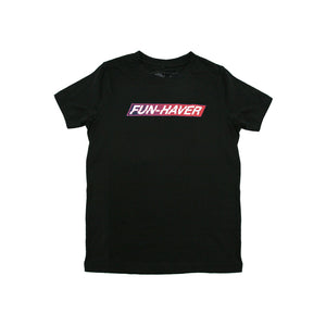 Black Fun-Haver Foundation youth t-shirt with Fun-Haver logo in red, white, and blue printed across the chest.