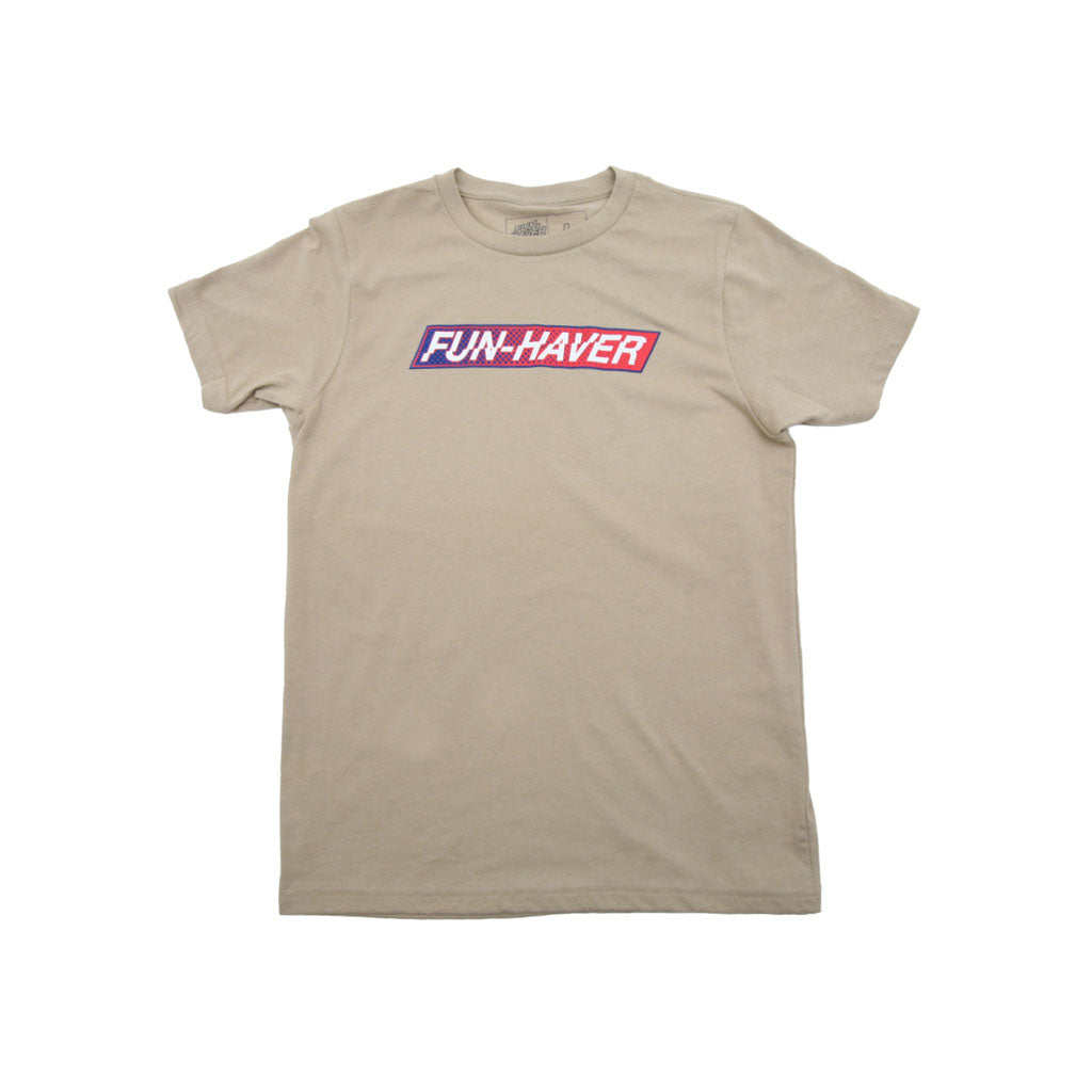 Tan Fun-Haver Foundation youth t-shirt with Fun-Haver logo in red, white, and blue printed across the chest.