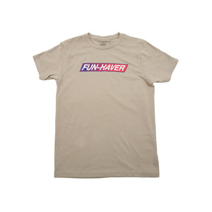 Tan Fun-Haver Foundation youth t-shirt with Fun-Haver logo in red, white, and blue printed across the chest.