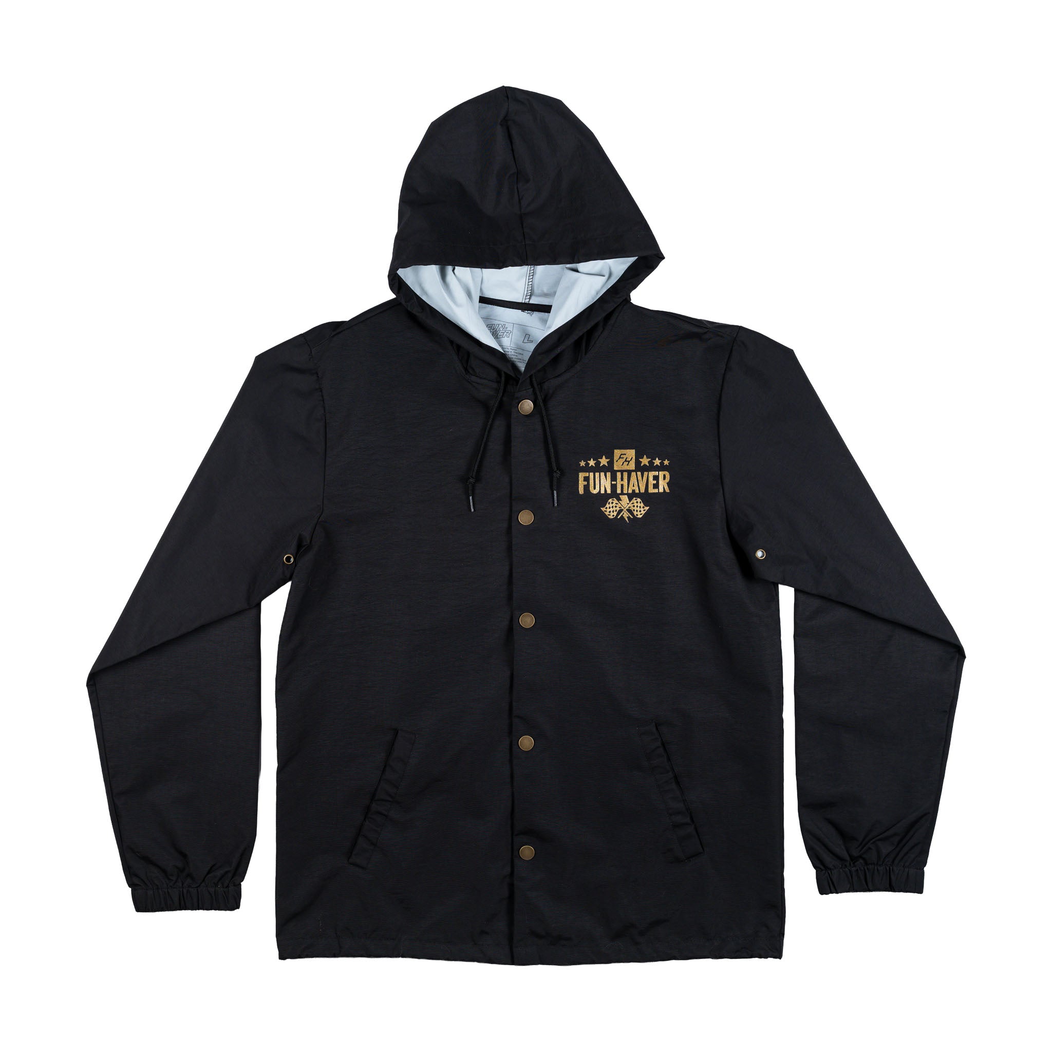 Front view of the Black Full Time Fun-Haver® Winbreaker Coaches Jacket.