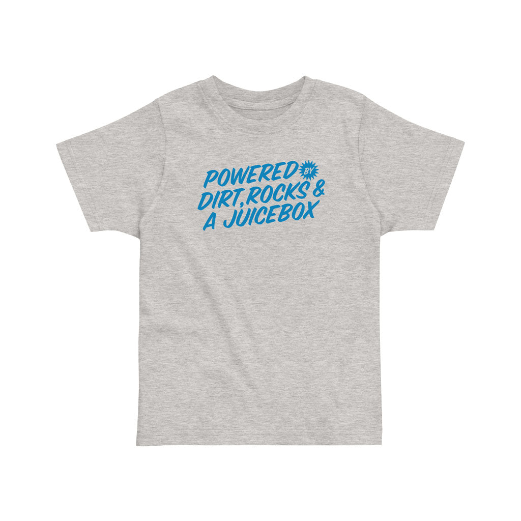 Front view of the Fun-Haver Powered by Dirt, Rocks & a Juicebox T-Shirt in Heather Gray.