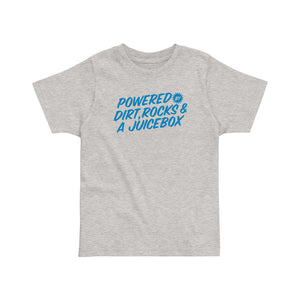 Front view of the Fun-Haver Powered by Dirt, Rocks & a Juicebox T-Shirt in Heather Gray.