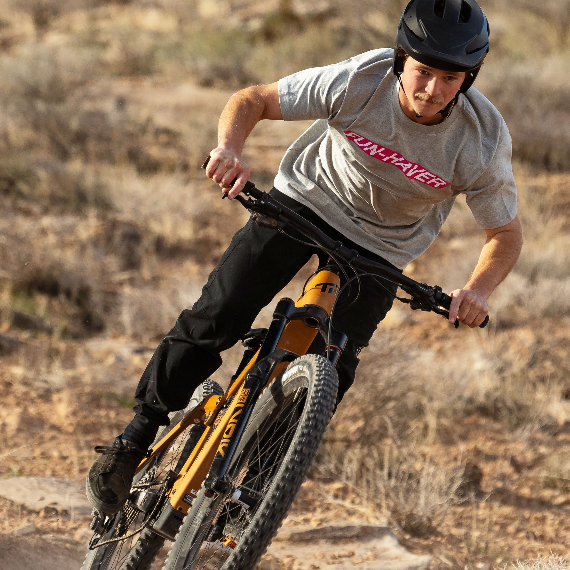 Joel wearing the Athletic Heather Fun-Haver Energy T-Shirt out on the trail.