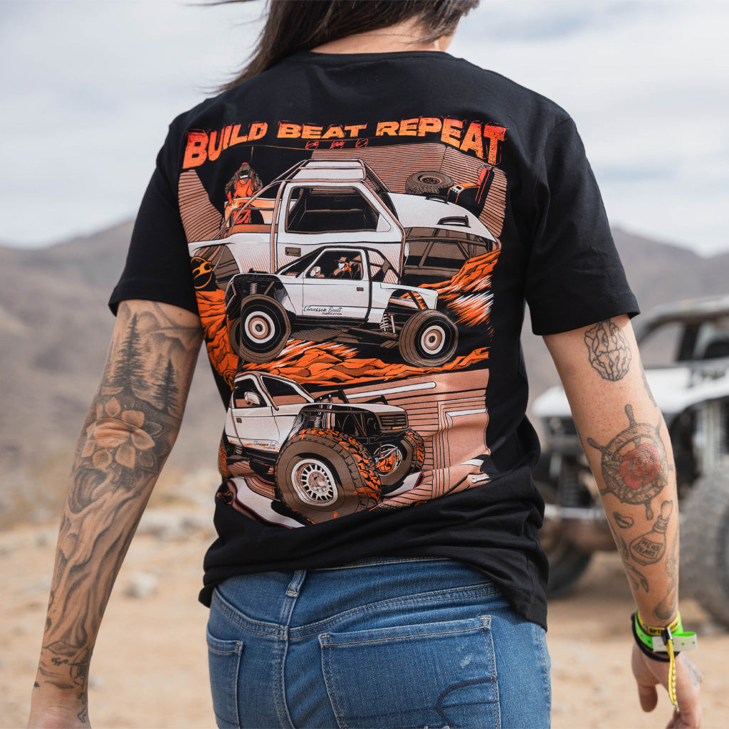 Back view of Kelsie Heck wearing the Fun-Haver Kelsie Heck Build Beat Repeat Black T-Shirt.