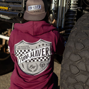 Back view of Kelsie Heck wearing the Fun-Haver® Maroon Shield Zip Hoodie.