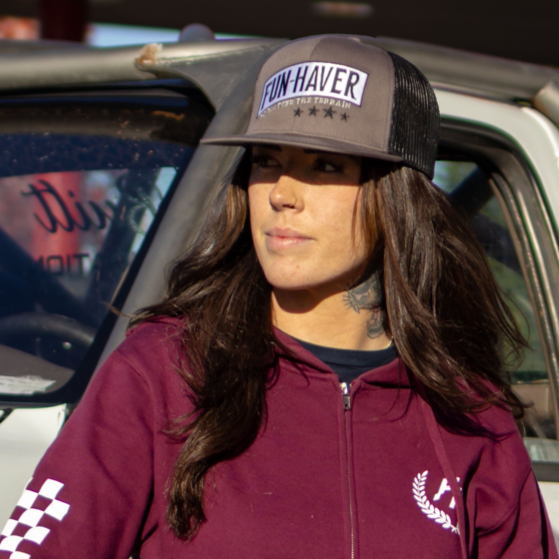 Kelsie Heck wearing the Fun-Haver® Shield 6 Panel Trucker Hat.
