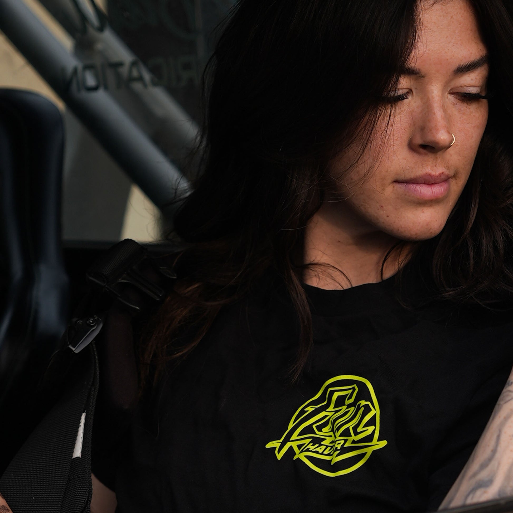 Kelsie Heck wearing the Fun-Haver Weekend Short Sleeve T-Shirt in Black.