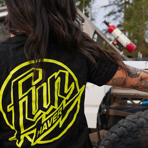 Back view of Kelsie Heck wearing the Fun-Haver Weekend Short Sleeve T-Shirt in Black.