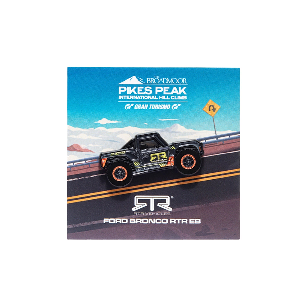 Leen Customs Ford Bronco RTR EB lapel pin collector card with Pikes Peak Hill Climb El Bandito livery artwork