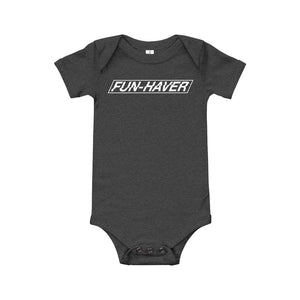 Front view of the Fun-Haver Logo baby short sleeve one piece in Dark Heather Gray.
