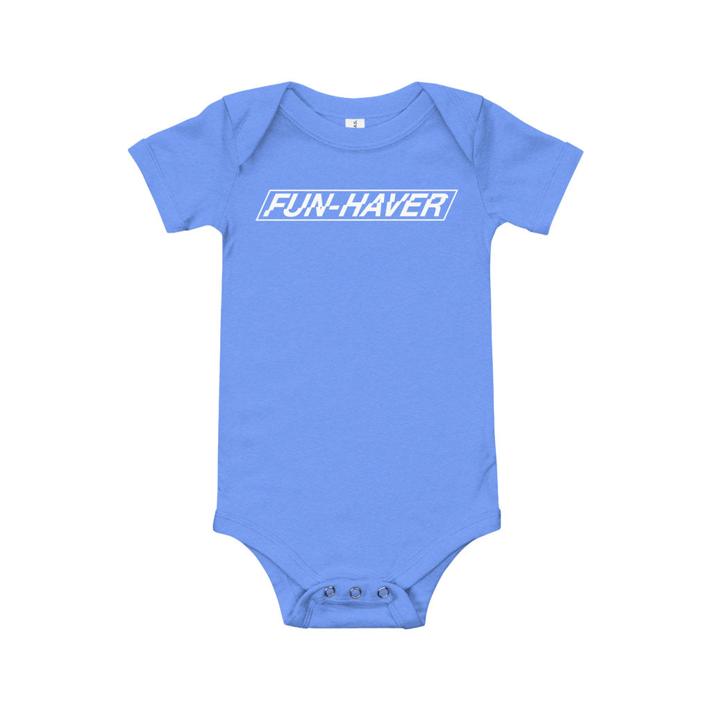 Front view of the Fun-Haver Logo baby short sleeve one piece in Heather Columbia Blue.