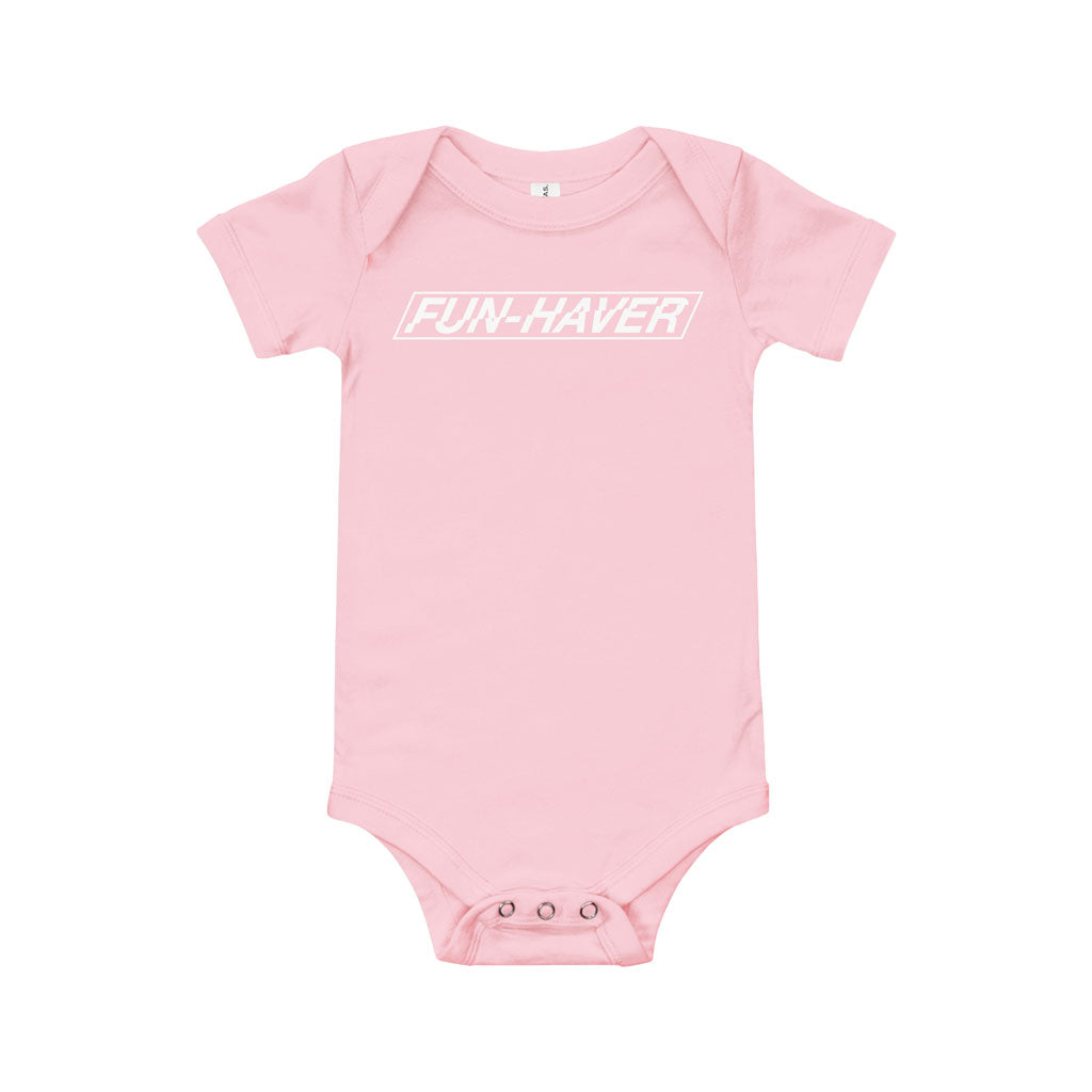 Front view of the Fun-Haver Logo baby short sleeve one piece in Pink.