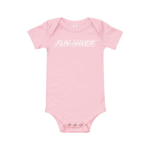 Front view of the Fun-Haver Logo baby short sleeve one piece in Pink.